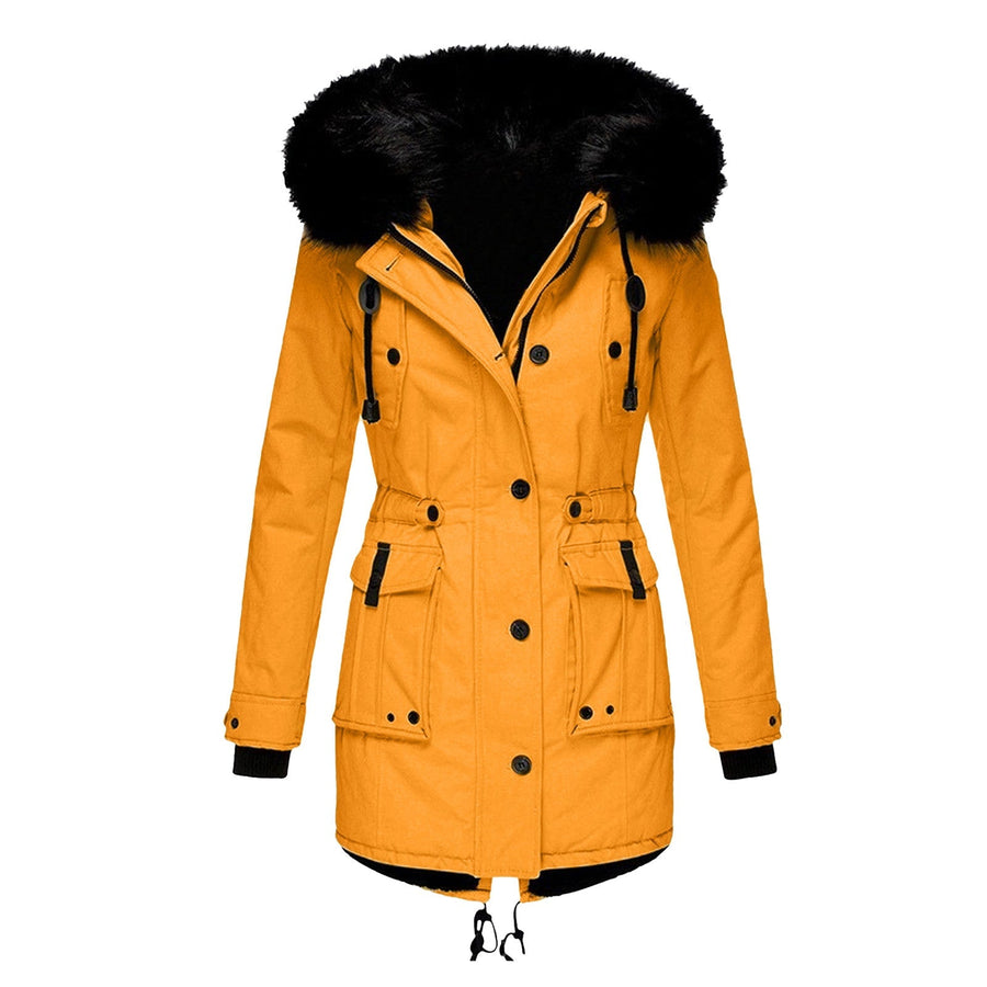 Dameswinterparka met capuchon en imitatiebontafwerking, warme jas met zakken