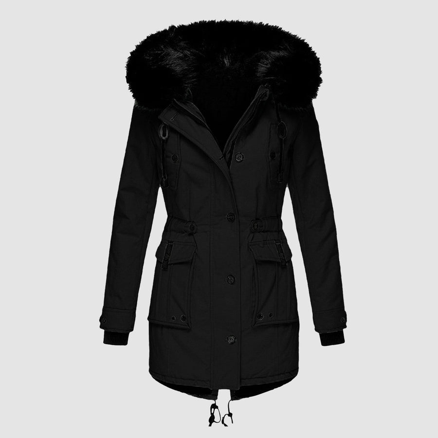 Dameswinterparka met capuchon en imitatiebontafwerking, warme jas met zakken