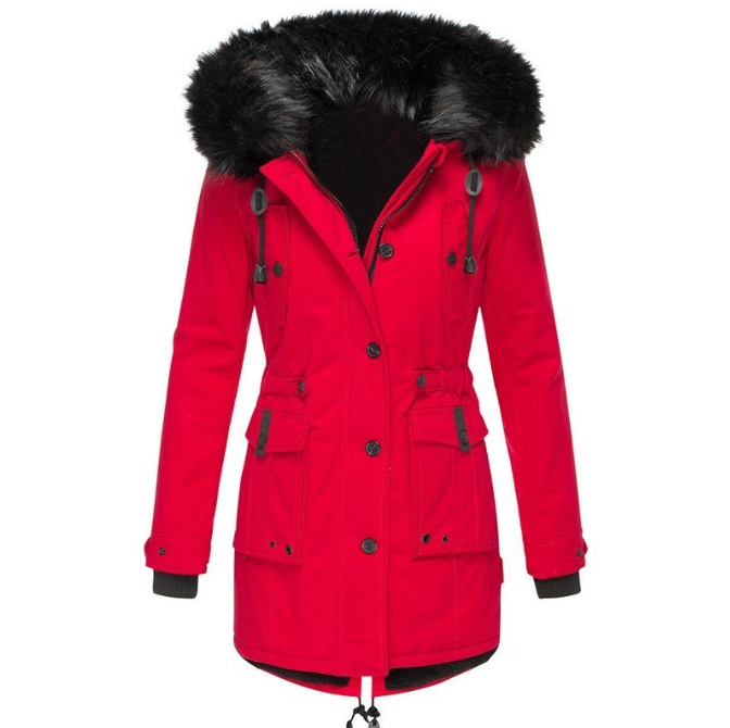 Dameswinterparka met capuchon en imitatiebontafwerking, warme jas met zakken