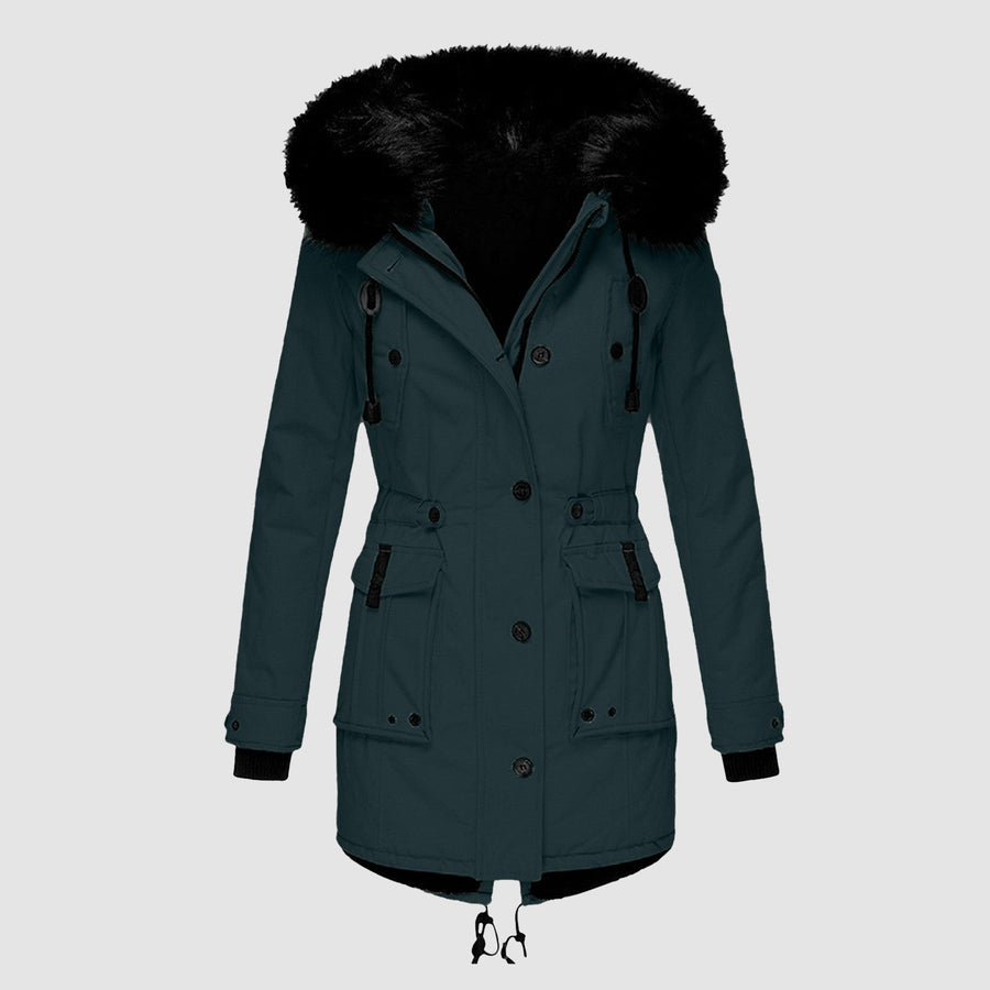 Dameswinterparka met capuchon en imitatiebontafwerking, warme jas met zakken