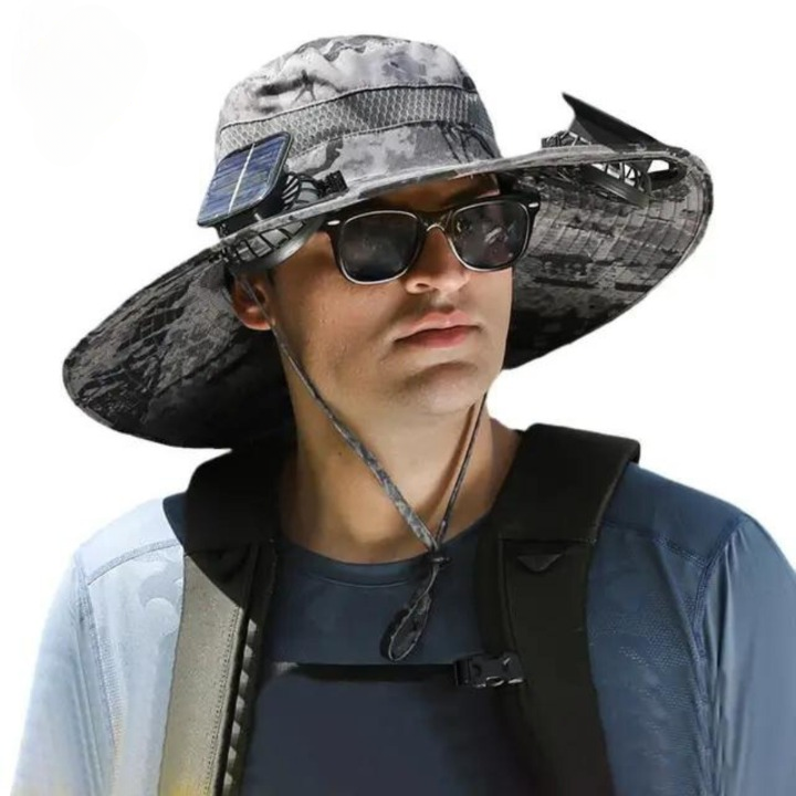 Sonnenhut mit Solarventilator, breiter Krempe und Nackenschutz für Outdoor-Aktivitäten