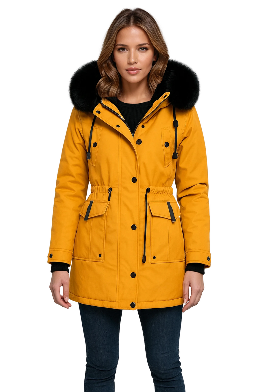 Damen Winterparka mit Kapuze und schwarzem Kunstfellkragen