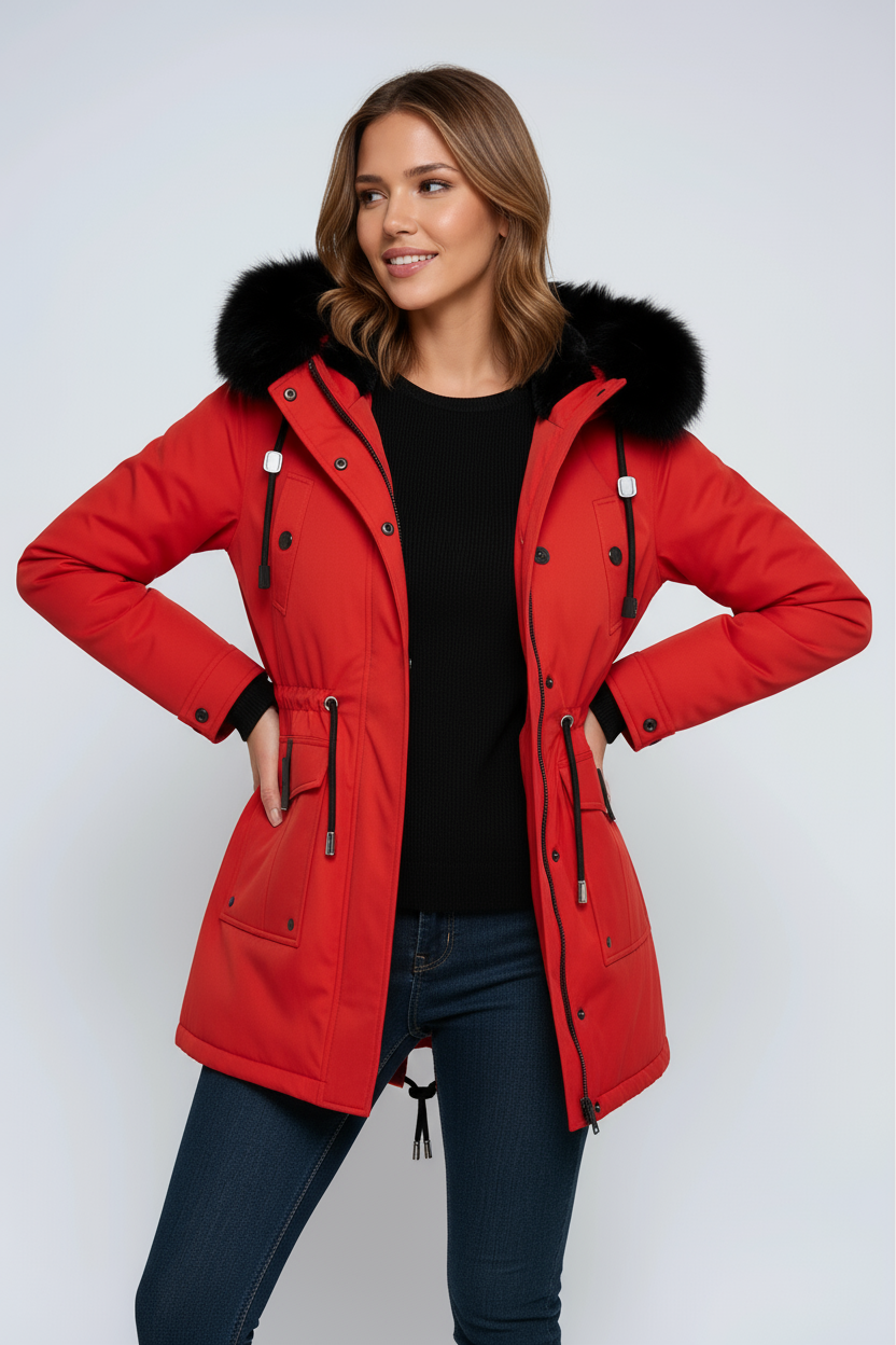Damen Winterparka mit Kapuze und schwarzem Kunstfellkragen