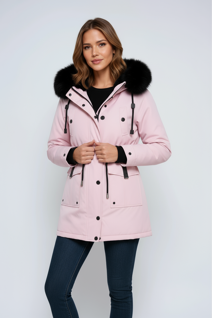 Damen Winterparka mit Kapuze und schwarzem Kunstfellkragen