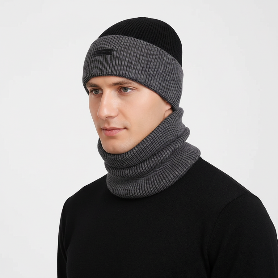 Unisex Beanie Mütze mit Umschlag und passendem Halswärmer Set, Gerippt