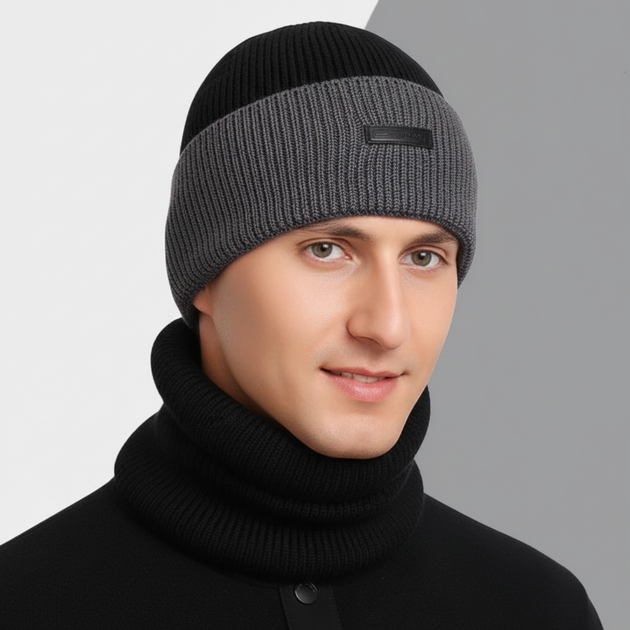 Unisex Beanie Mütze mit Umschlag und passendem Halswärmer Set, Gerippt