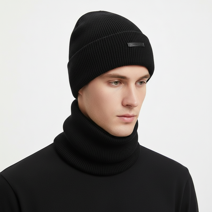 Unisex Beanie Mütze mit Umschlag und passendem Halswärmer Set, Gerippt