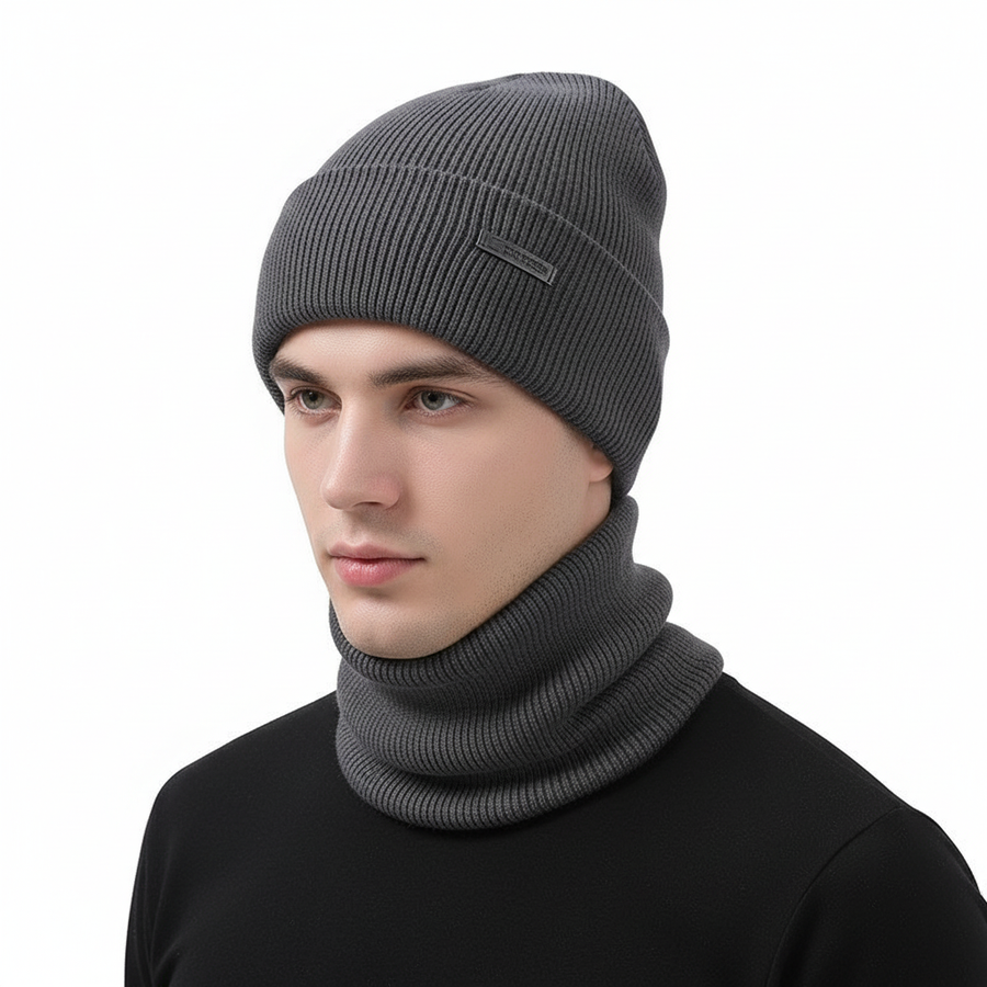 Unisex Beanie Mütze mit Umschlag und passendem Halswärmer Set, Gerippt