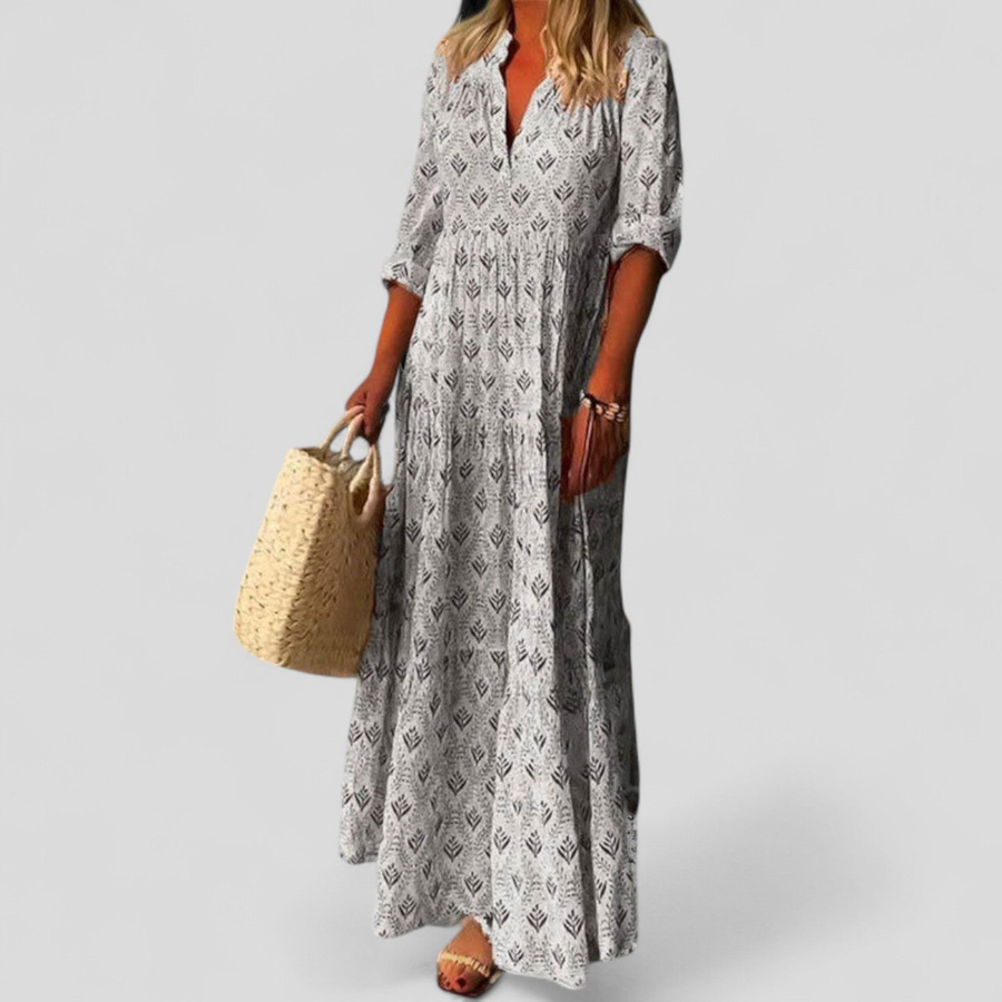 Damen Maxikleid mit V-Ausschnitt, 3/4 Ärmeln und grafischem Muster