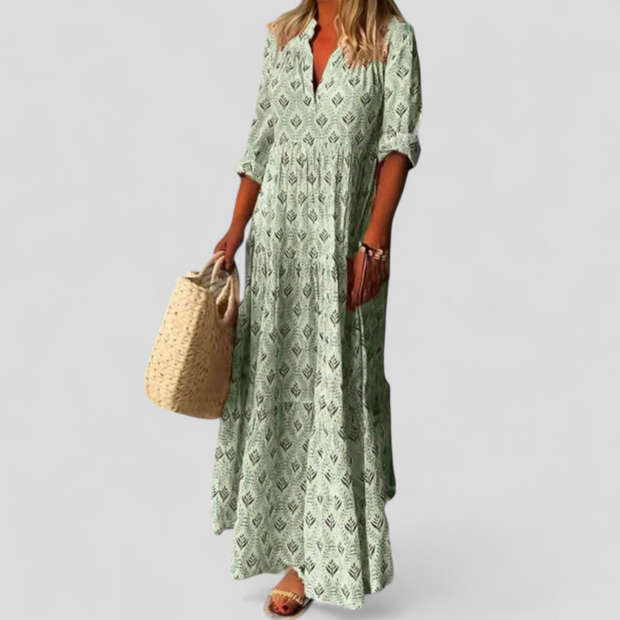 Damen Maxikleid mit V-Ausschnitt, 3/4 Ärmeln und grafischem Muster