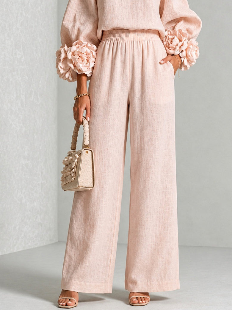 Damespak uit 2 delen, top met bloemenmouwen en wijde broek, linnenlook