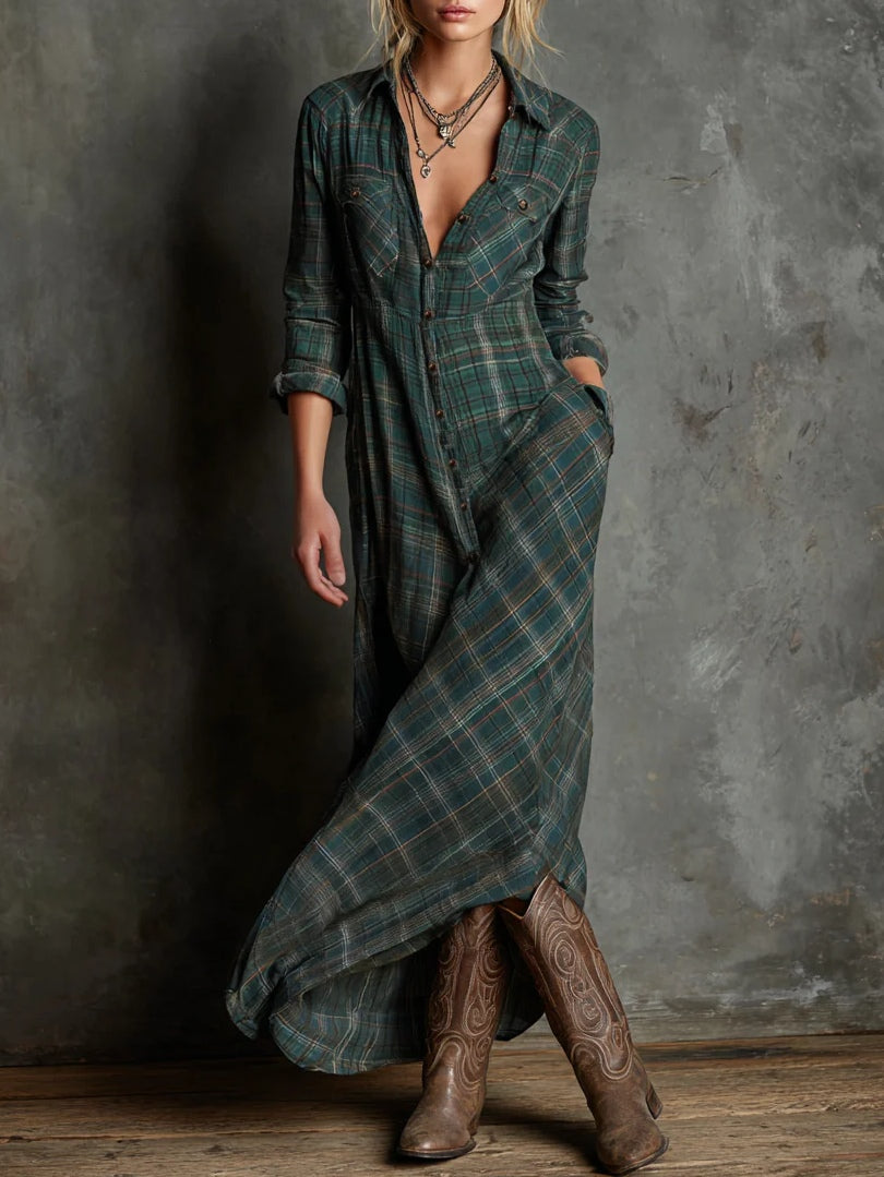 Damen Kariertes Maxikleid mit Knopfleiste & Taschen, Grünes Langarm Blusenkleid