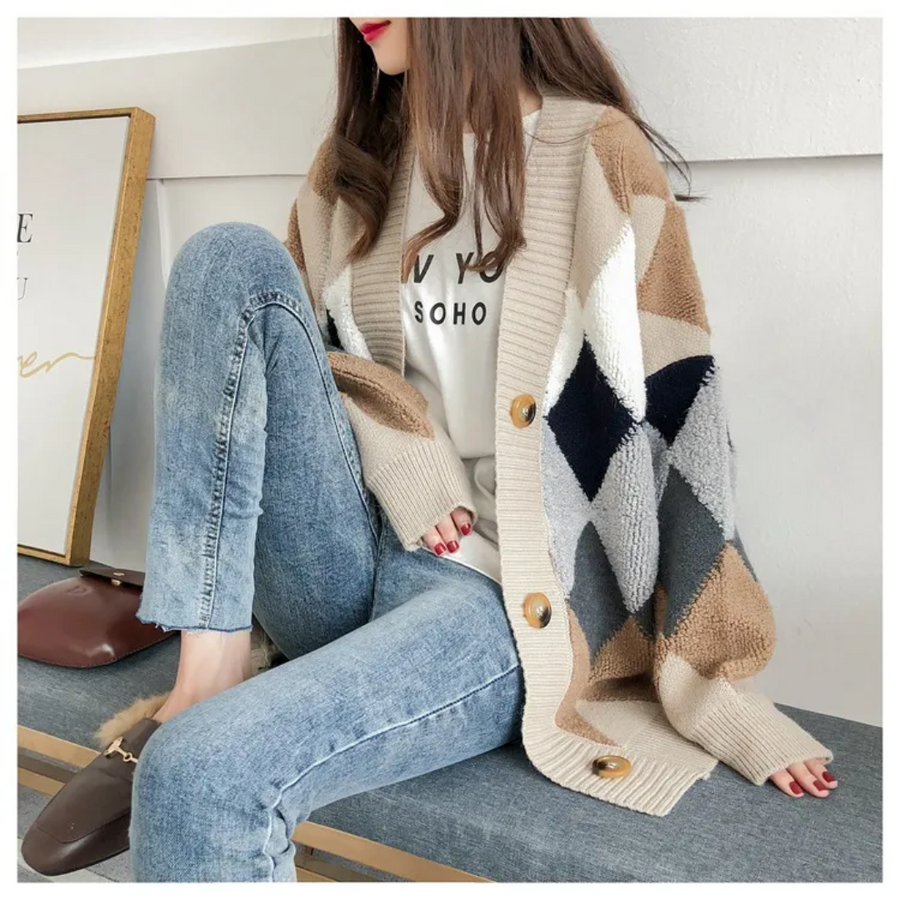 Dames gebreid vest met ruitpatroon, beige-khaki winterjas
