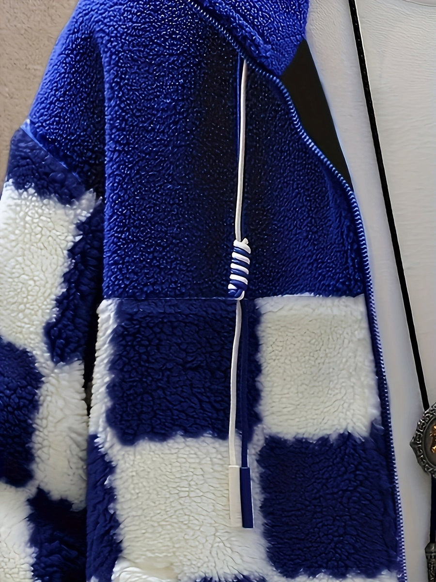 Teddyfleece Jacke Herren Kariert Blau Weiß Stehkragen Reißverschluss
