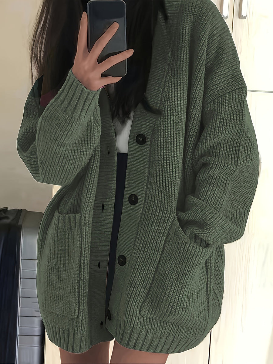 Damen Strickjacke Langarm V-Ausschnitt Knopfleiste Rippstrick Oversize
