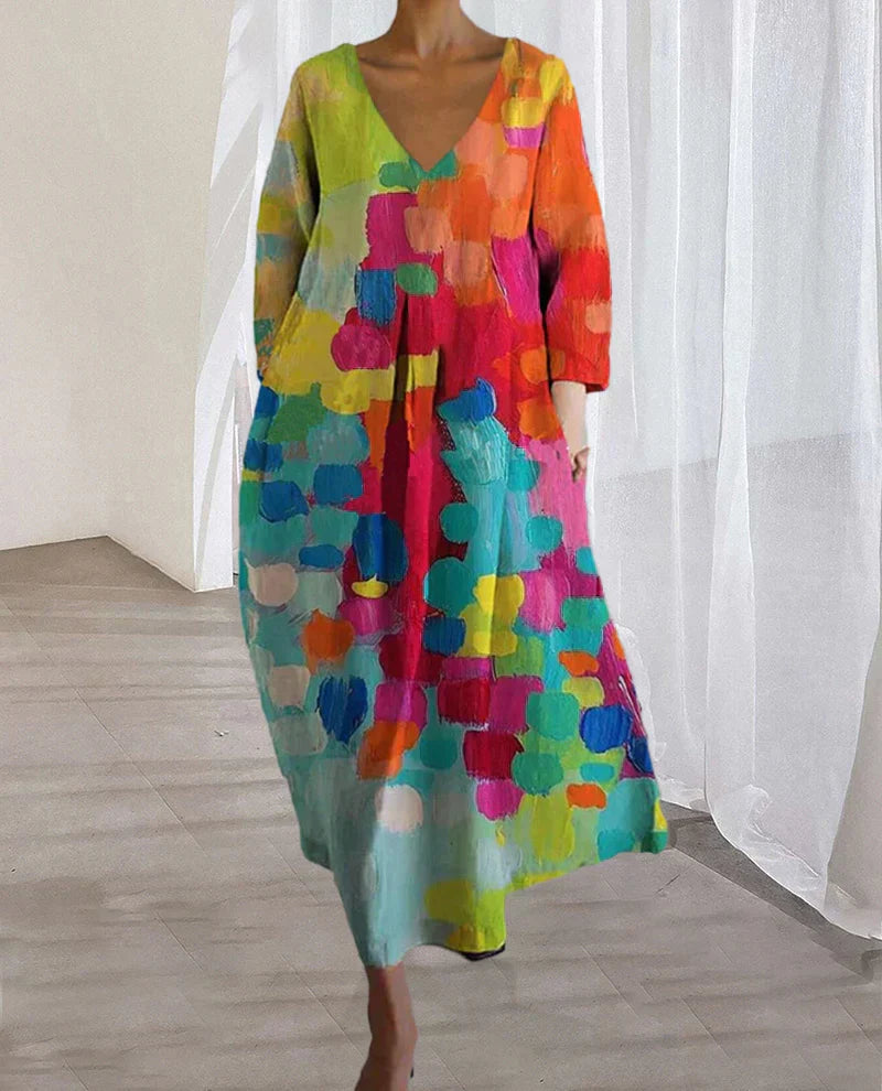 Damen Boho Maxikleid mit V-Ausschnitt – Künstlerischer Freizeit-Look für Alltag & Events