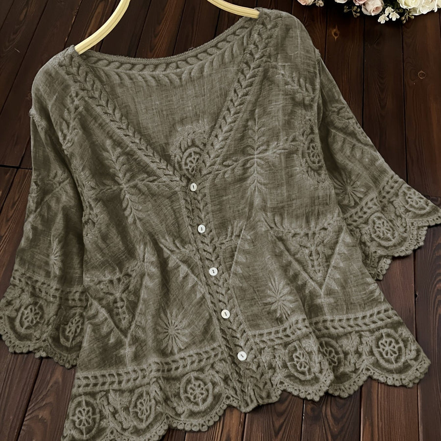 Damen Bluse Stickerei Knopfleiste V-Ausschnitt Tunika Oberteil Langarm Blusen