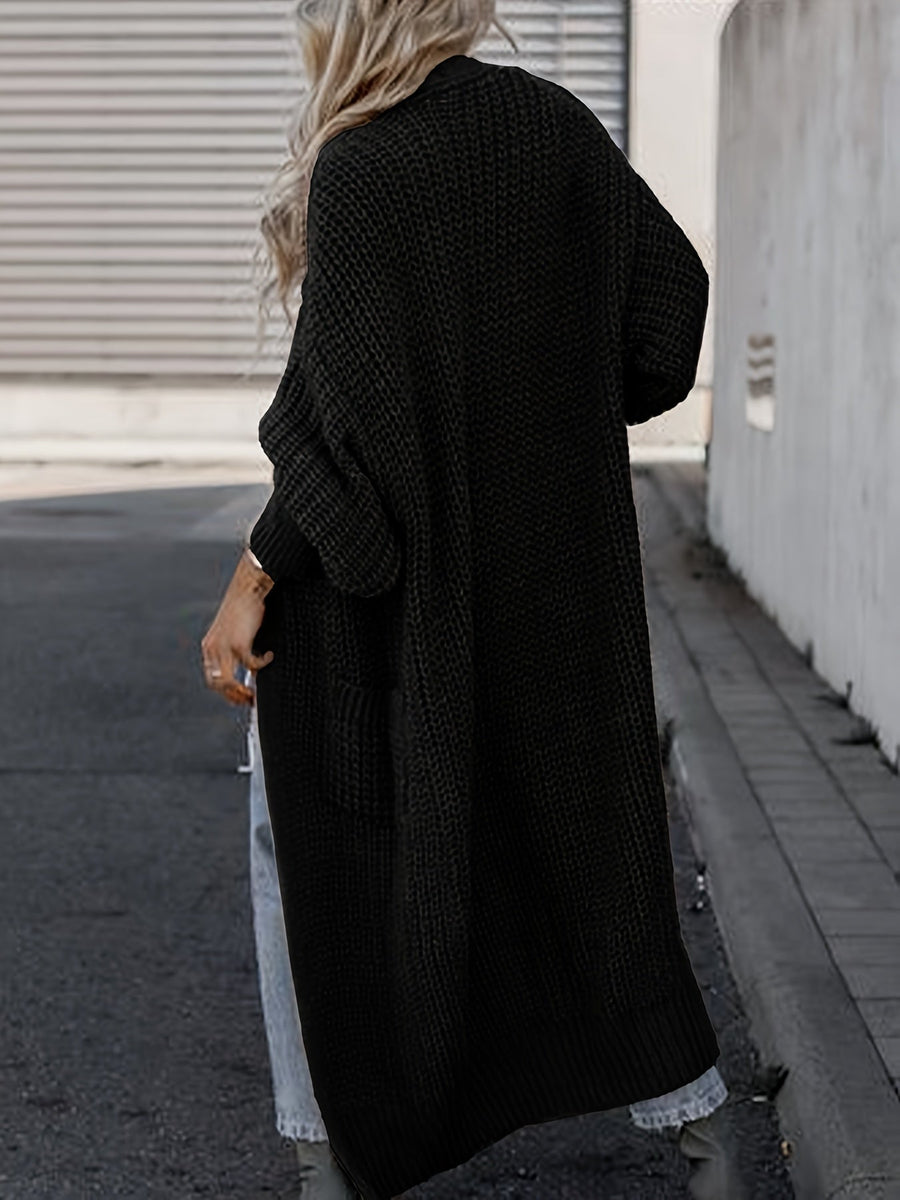 Damen Grobstrick Cardigan Lang Offen Strickjacke mit Taschen