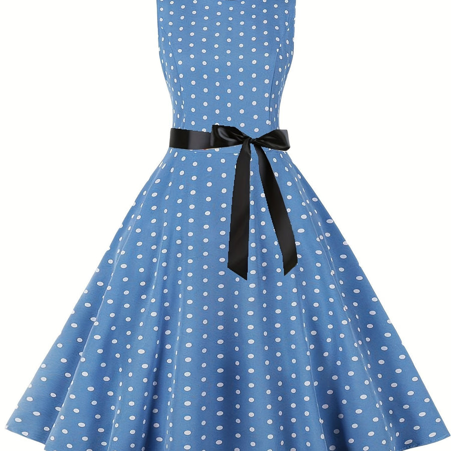 Damen Vintage Rockabilly Polka Dots Kleid mit Schleifen-Gürtel, Elegant, Ärmelos, Festlich & Alltag