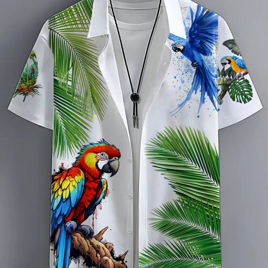 Herren Hawaiihemd mit Papageien-Print und tropischem Palmen-Design – Kurzarm, Freizeit, Sommer