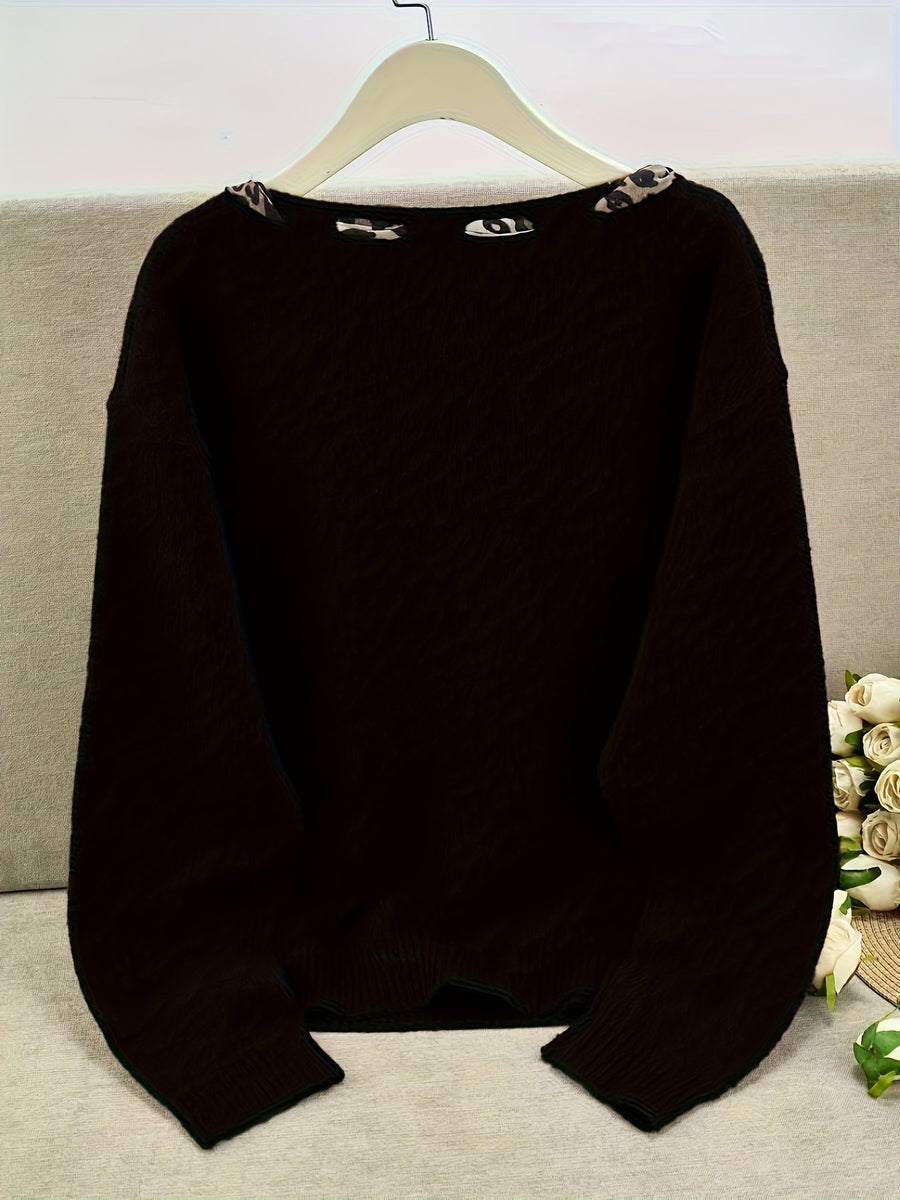 Damen Pullover mit Leopardenmuster Schal Ausschnitt Langarm Strickpullover