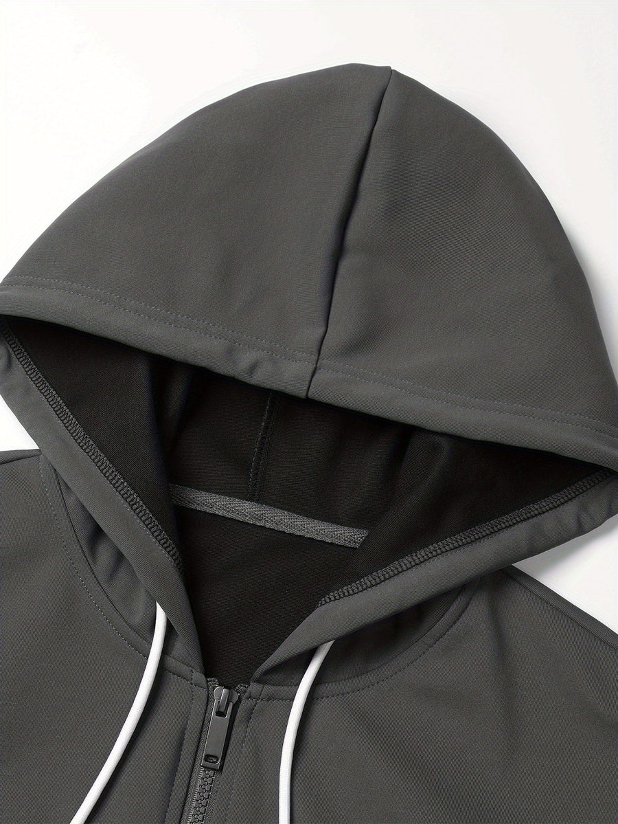 Herren Kapuzenjacke mit Reißverschluss, Color-Block, Rippbündchen, Khaki-Schwarz