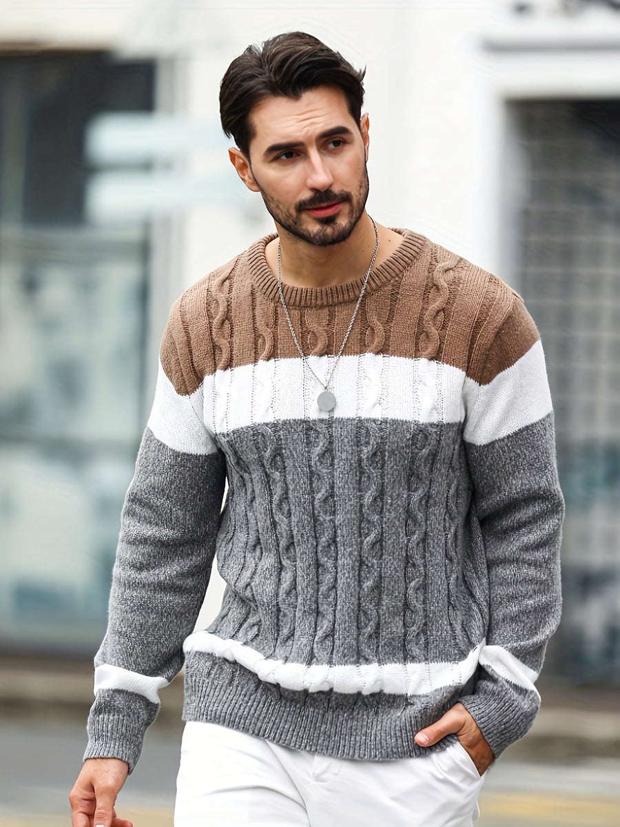 Herren Strickpullover Rundhals Zopfmuster Mehrfarbig Gestreift