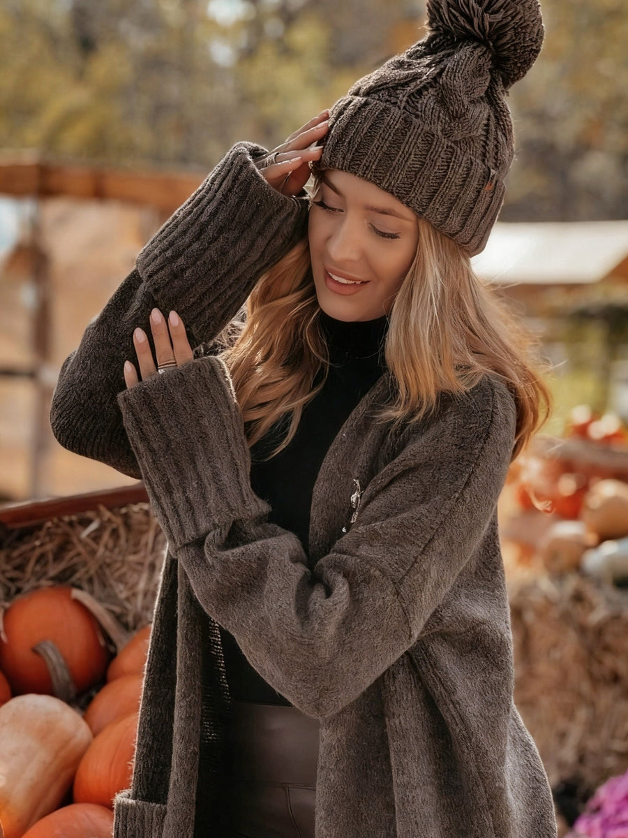 Damen Langer Cardigan Offen Strickjacke Braun Herbst Winter