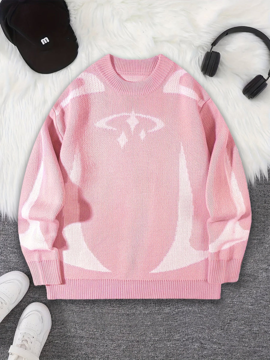 Unisex Strickpullover Rundhals mit Muster Langarm