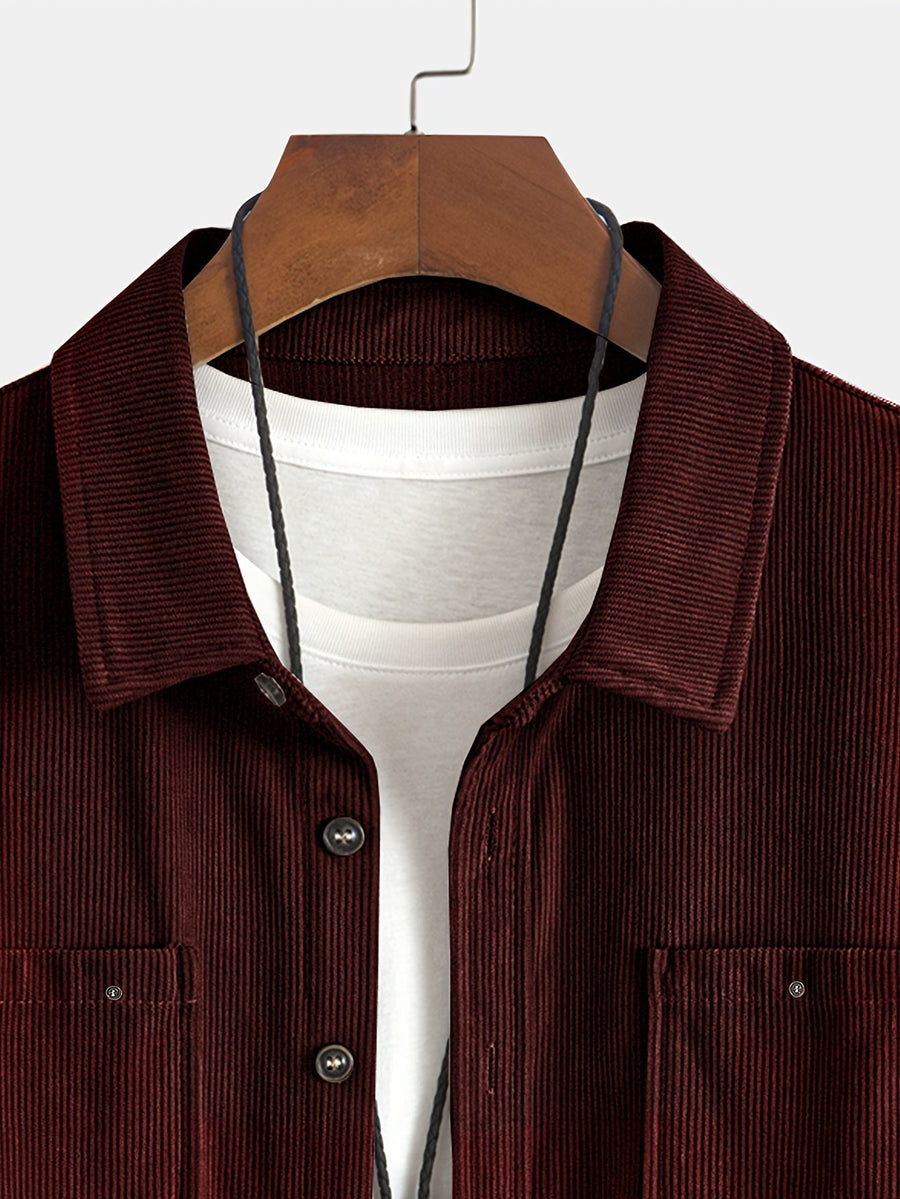 Herenoverhemd met ribfluweellook, knoopsluiting, lange mouwen en twee borstzakken