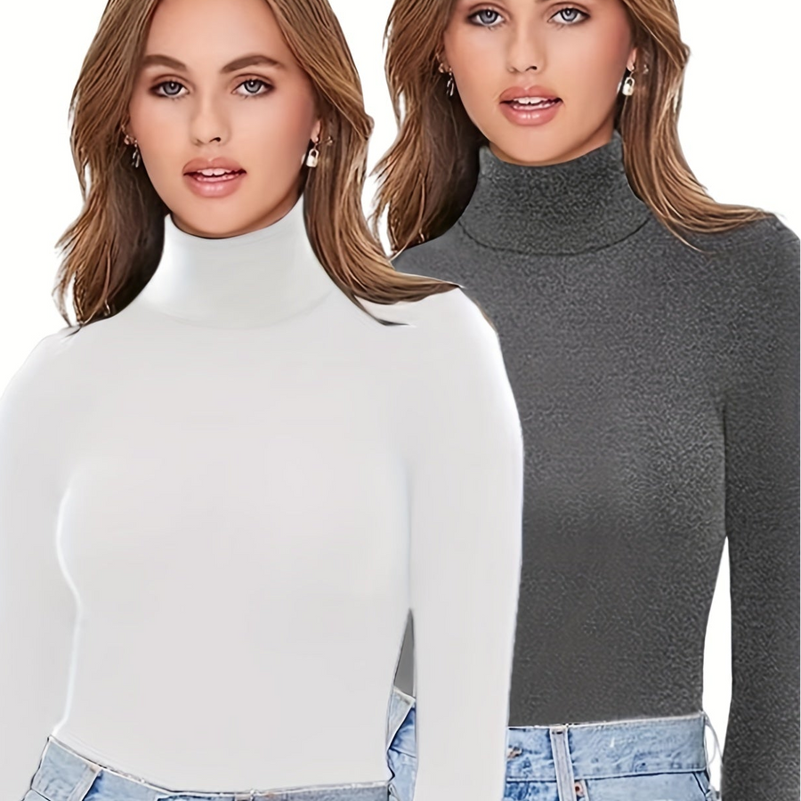 Damen Rollkragen Langarmshirt Eng Anliegend Einfarbig Basic Top