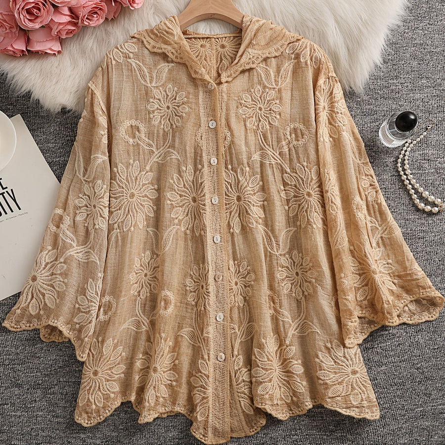Damen Bestickte Bluse mit Kapuze, Langarm, Floral, Grün