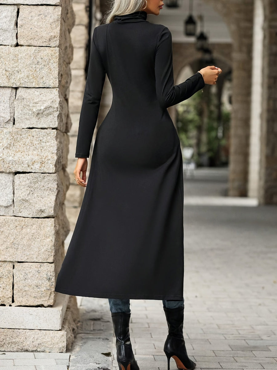 Damen Langarm Top Rollkragen Schwarz Schlitz Lang