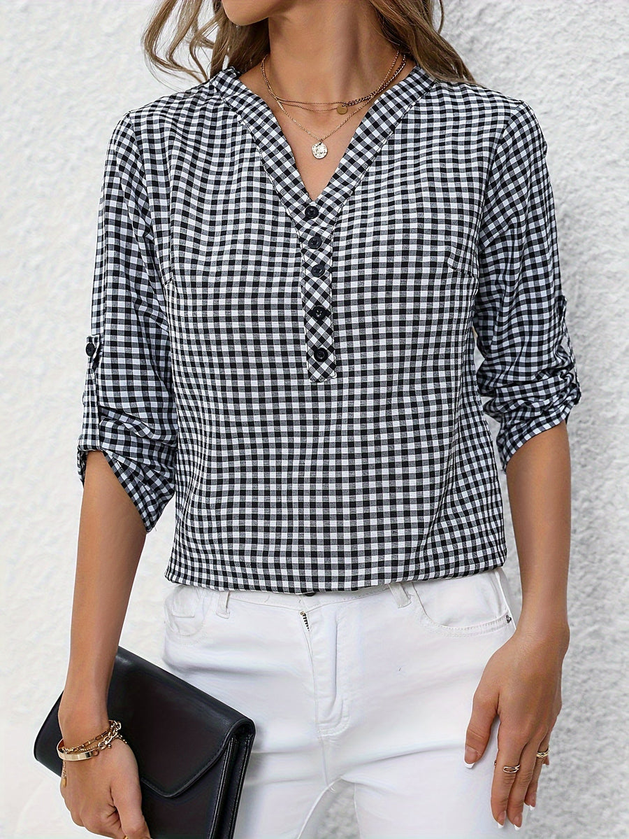Damen Casual Karo Bluse mit Knopfleiste und 3/4-Ärmeln – Perfekt für Alltag & Freizeit