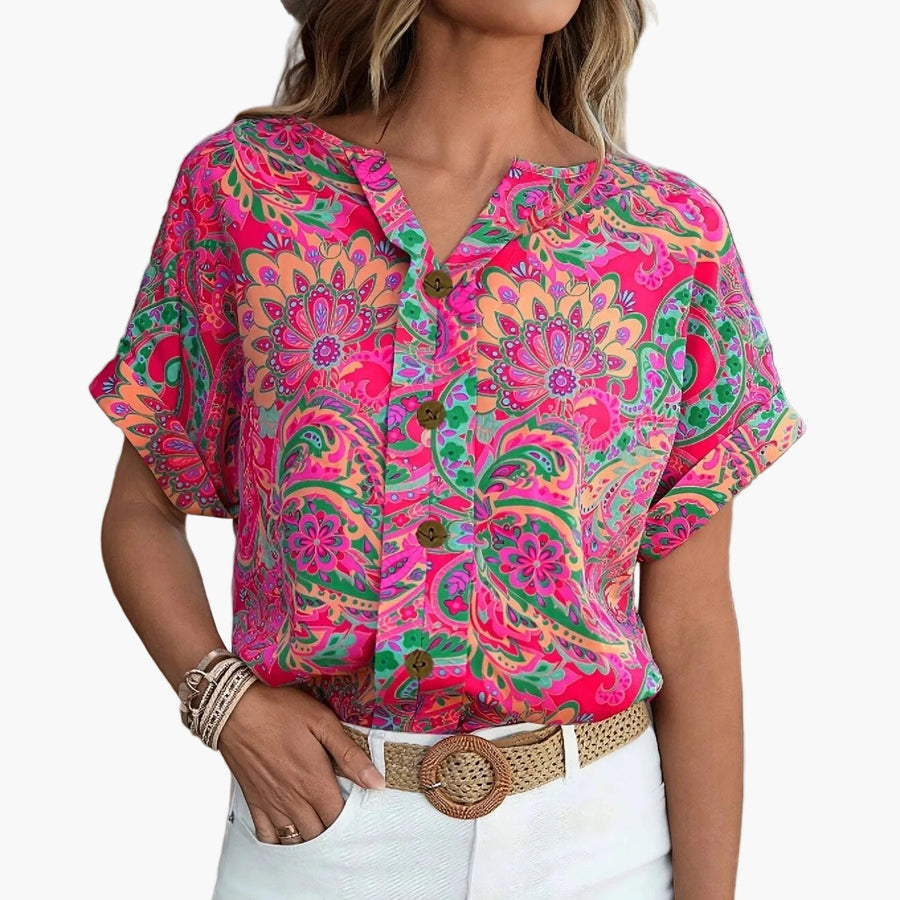 Damen Blusenshirt mit Knopfleiste und Blumenmuster – Sommerlich, Elegant, Freizeit