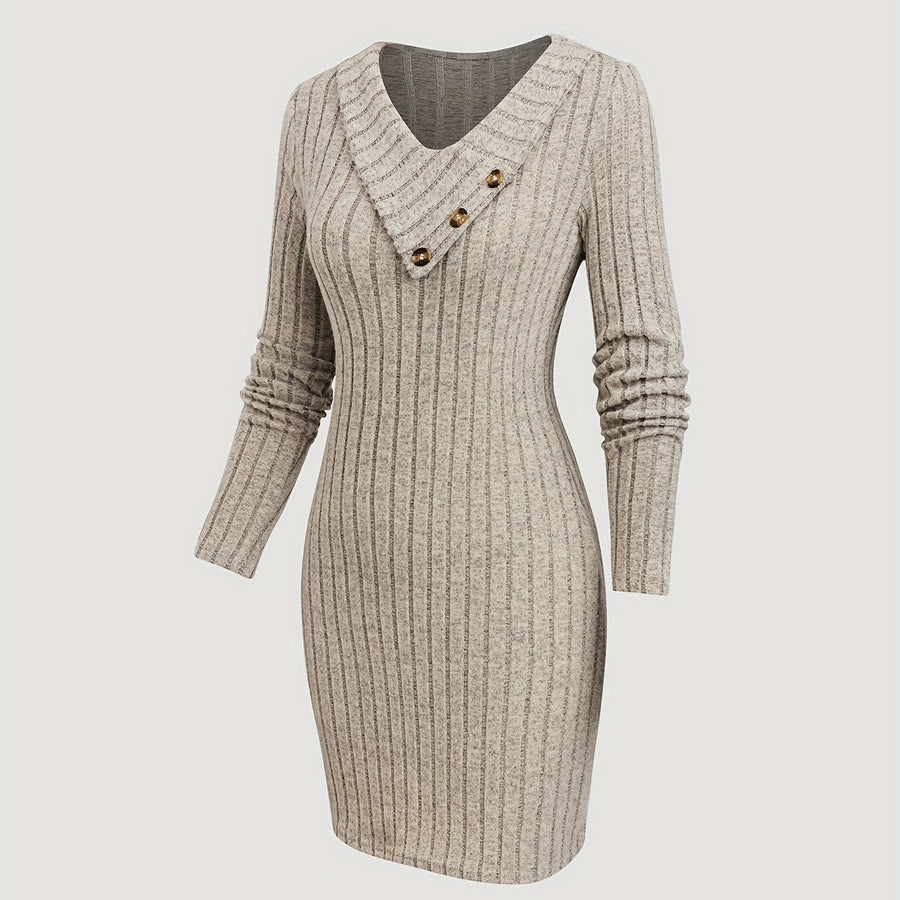 Damen Geripptes Langarmkleid mit V-Ausschnitt und Knopfdetails