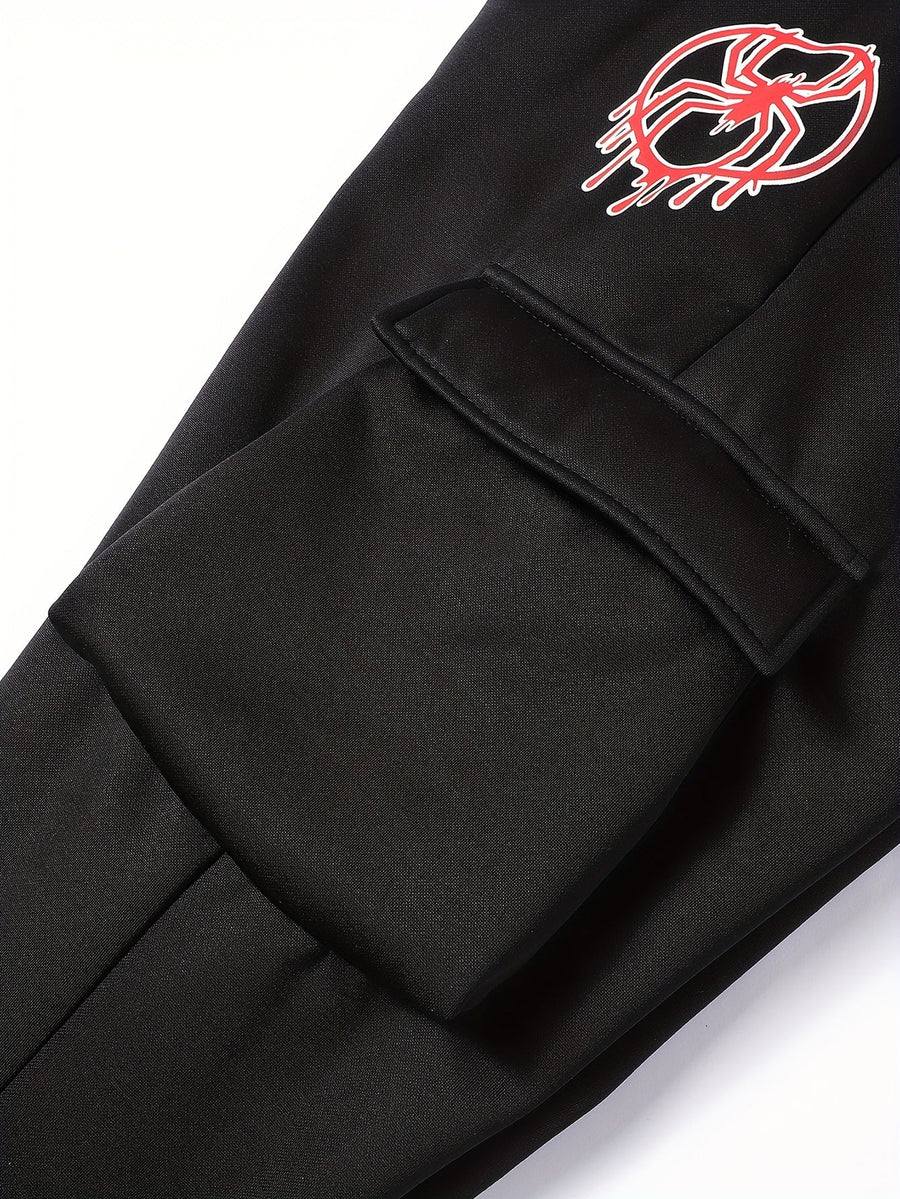 Unisex Kapuzenpullover und Jogginghose Trainingsanzug mit Balaclava-Haube und Spinnenmotiv, Reißverschluss, Taschen