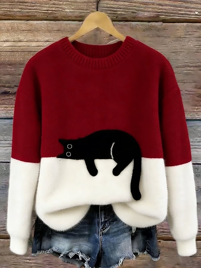 Weicher Damen Pullover mit Katze Rundhals Langarm Strickpullover Mehrfarbig