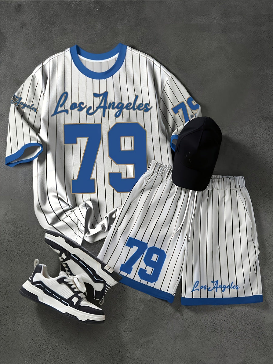 Herren Sportset Los Angeles 79 – Pinstripe Shirt und Shorts im Retro-Stil