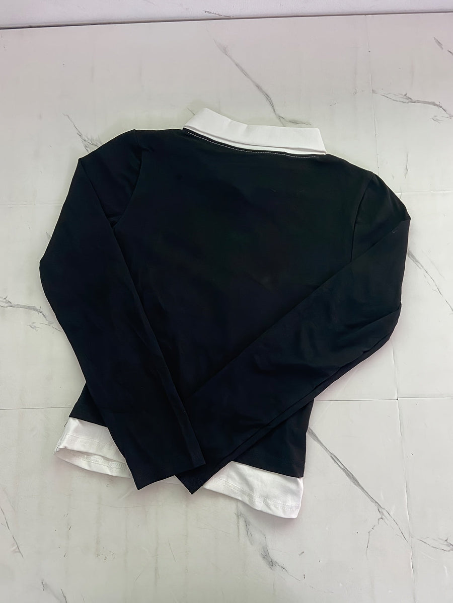 Damen Langarmshirt Schwarz Weiß mit Polo-Kragen