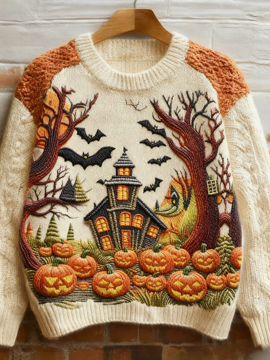 Creme-farbener Strickpullover mit Rundhalsausschnitt und Motiv