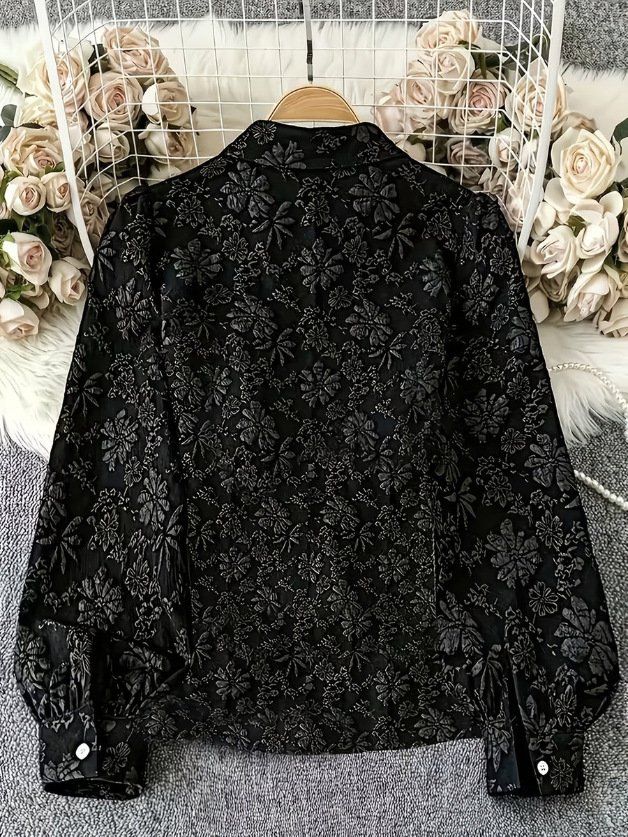 Damen Kurzarm Bluse Schwarz Jacquard-Muster Langarm Hemdbluse mit Ballonärmeln