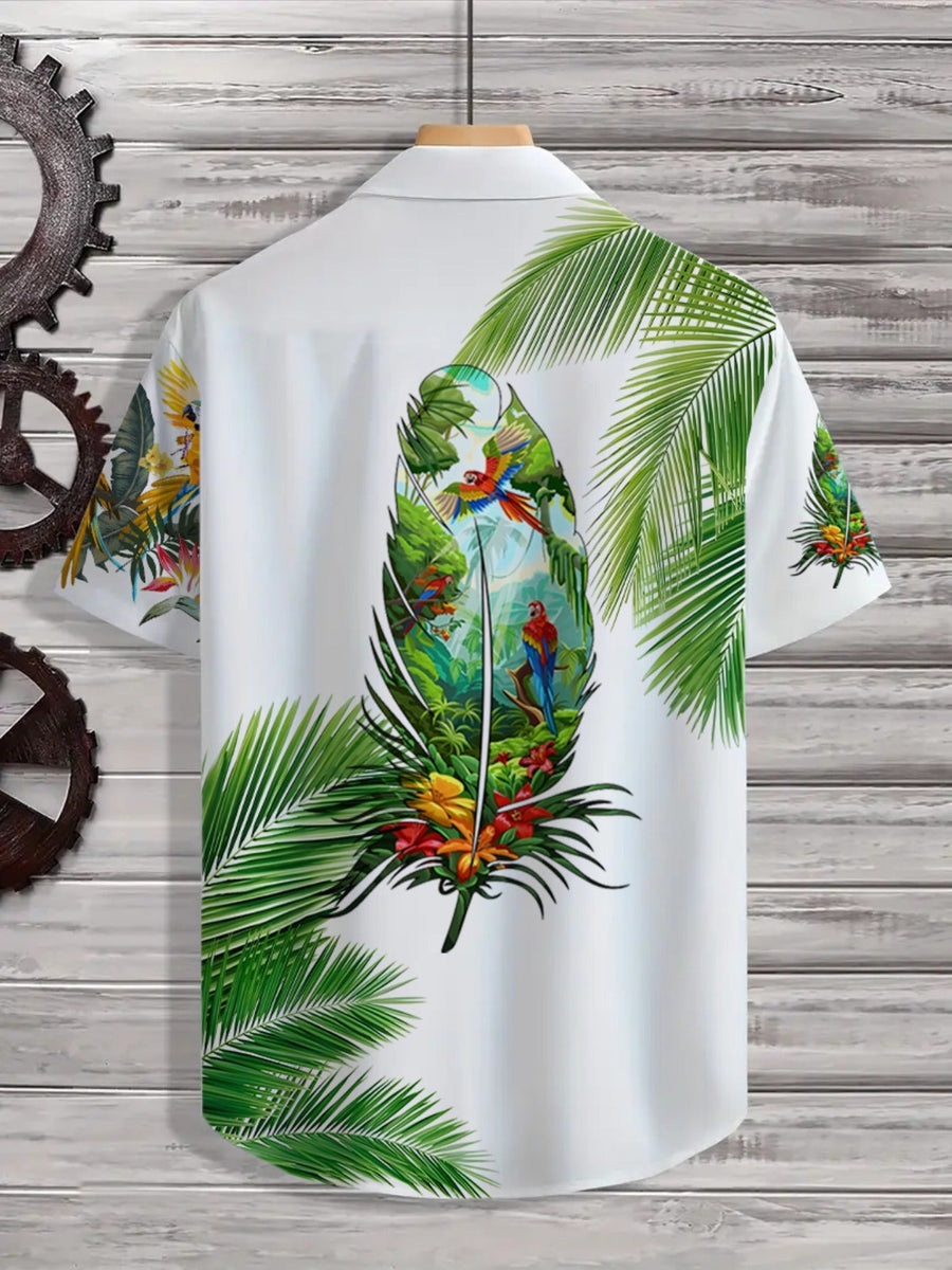 Herren Hawaiihemd mit Papageien-Print und tropischem Palmen-Design – Kurzarm, Freizeit, Sommer
