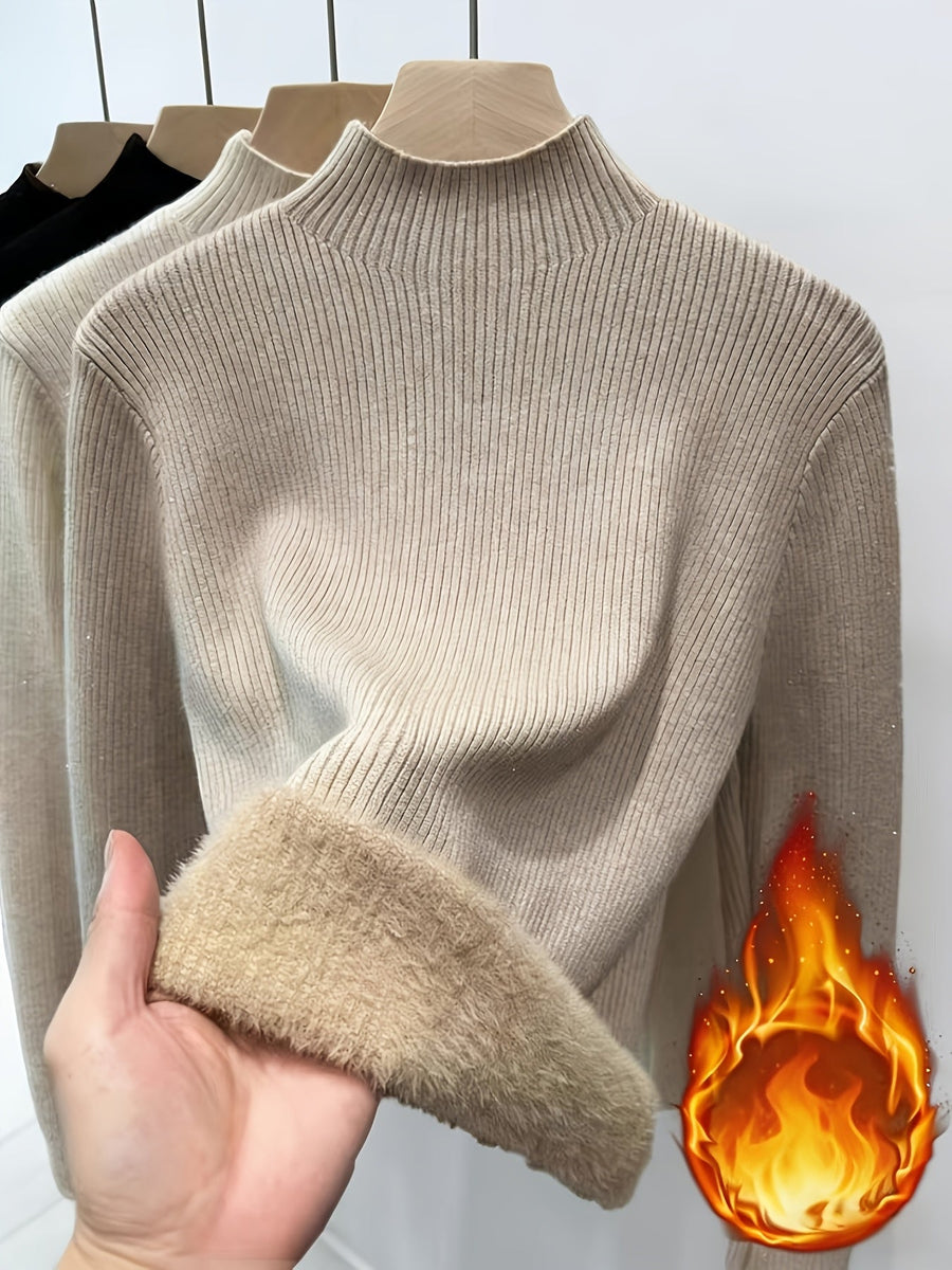 Gerippter Damen Mock-Neck Pullover Langarm Futter Weich Warm