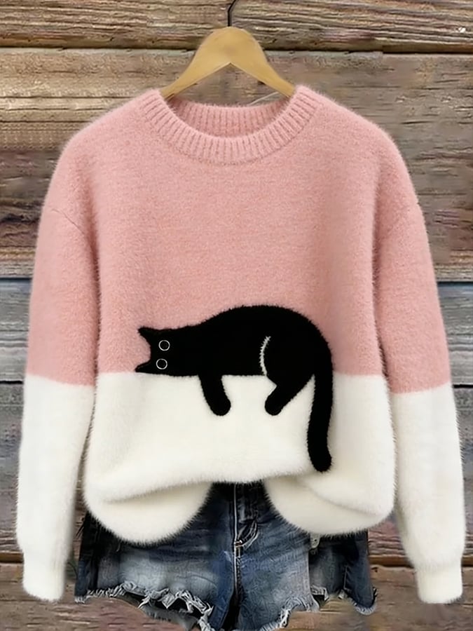 Weicher Damen Pullover mit Katze Rundhals Langarm Strickpullover Mehrfarbig