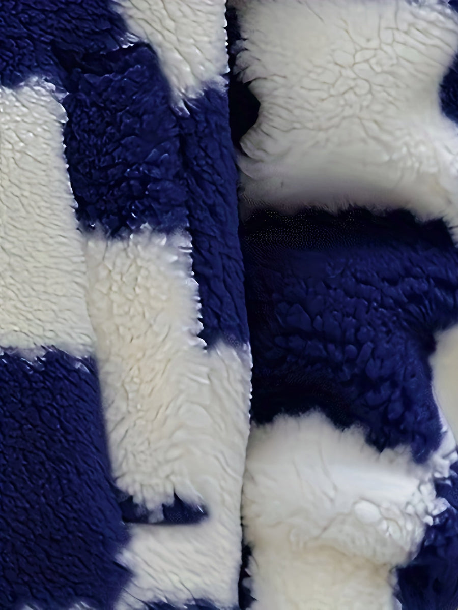 Teddyfleece Jacke Herren Kariert Blau Weiß Stehkragen Reißverschluss