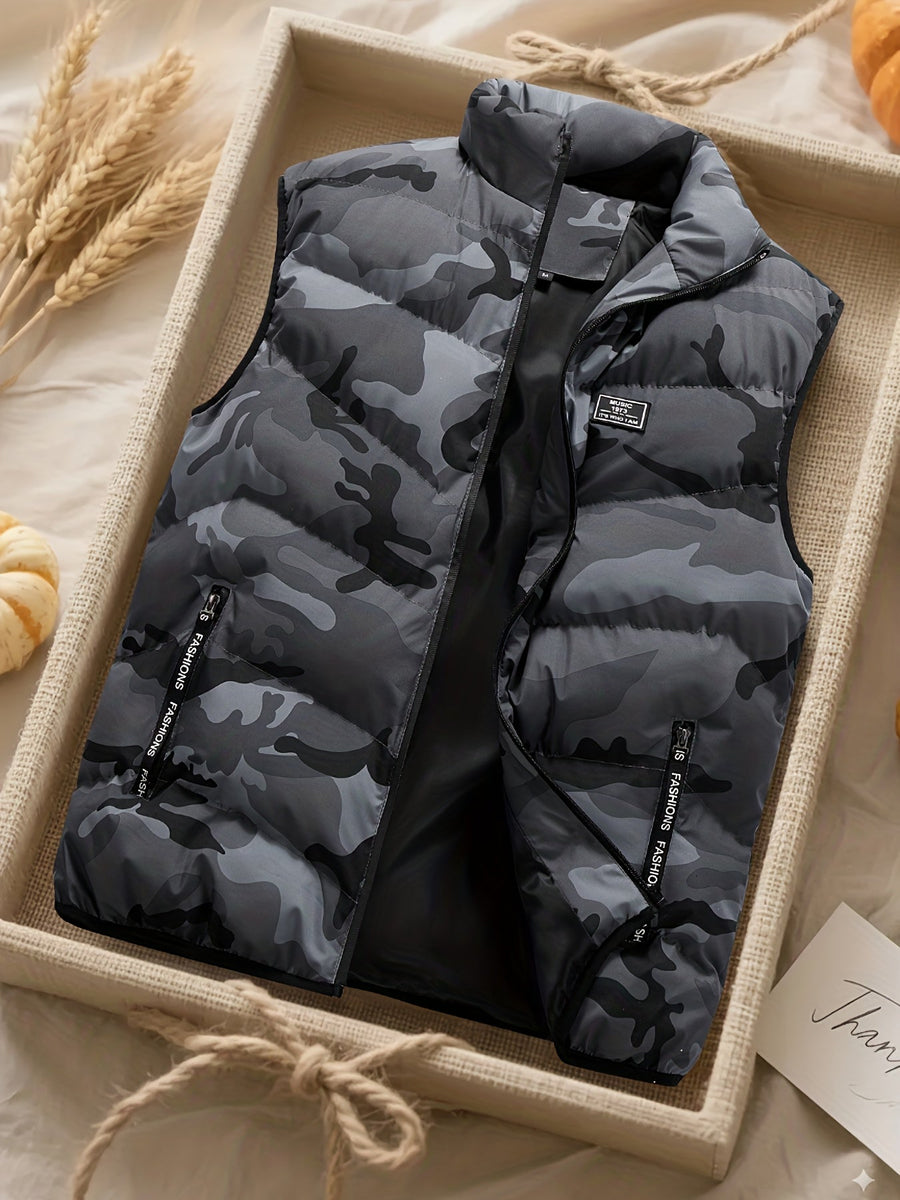 Unisex Camouflage Weste Stehkragen Gesteppt Gefüttert Reißverschluss Outdoor Alltagsmode
