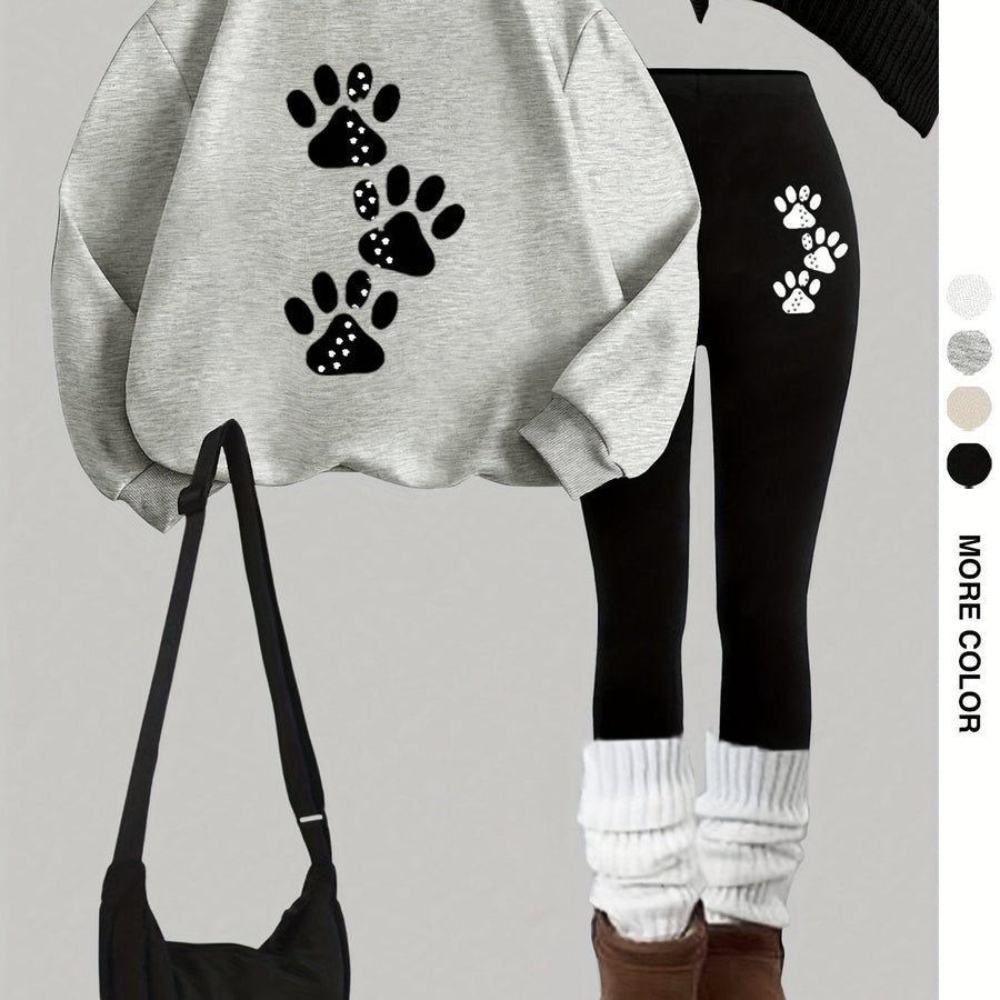 Damen Sweatshirt und Leggings Set mit Pfotenabdruck Print