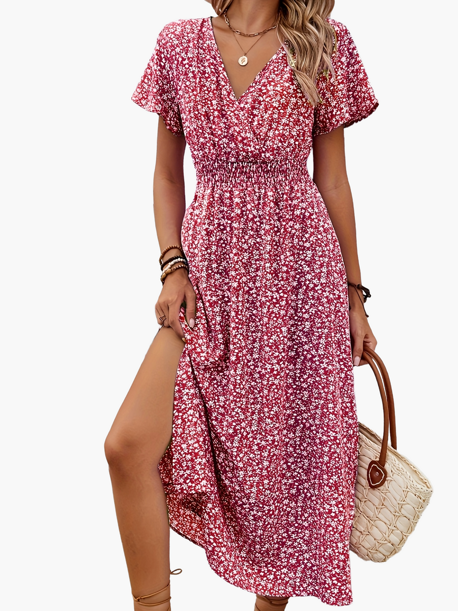 Damen Boho Maxikleid mit V-Ausschnitt und Blumenmuster – Elegantes Sommerkleid für Alltag und Urlaub