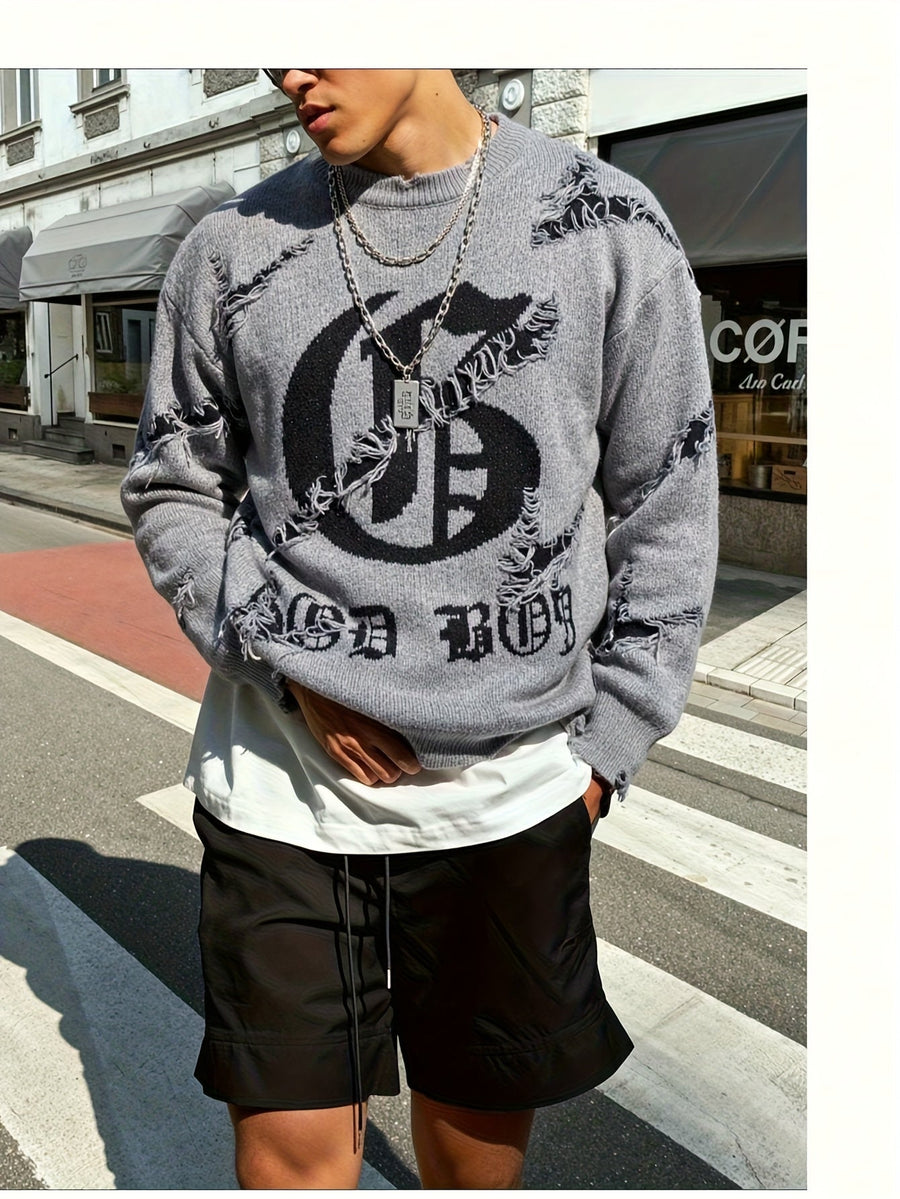 Distressed Pullover mit Rundhalsausschnitt und Gothic-Print